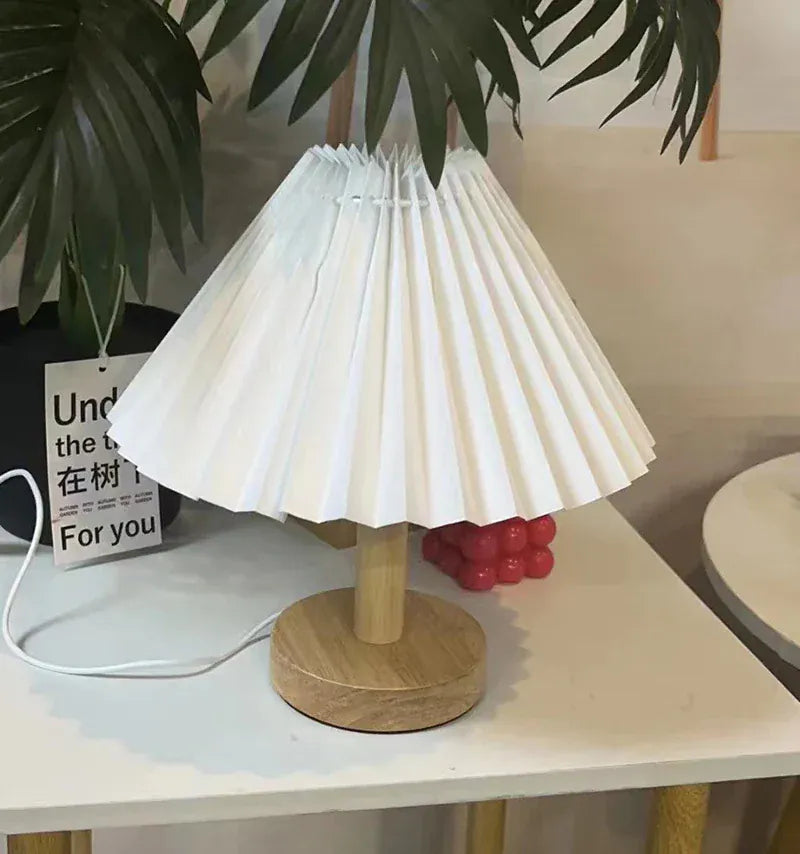 Lampe de Chevet Bois Plissée Nordique Tissu USB