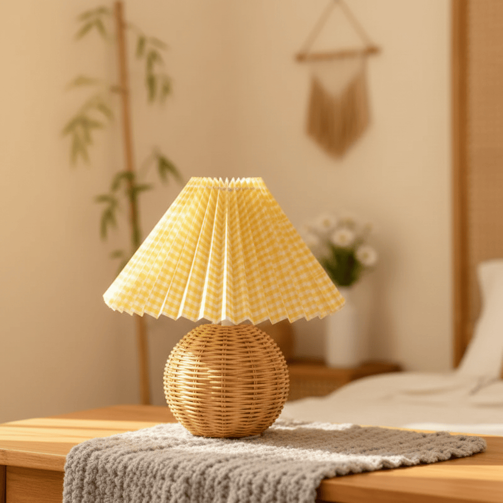 Lampe de Chevet Bambou Boule Abat-jour Plissé Wabi Bamboo woven fabric