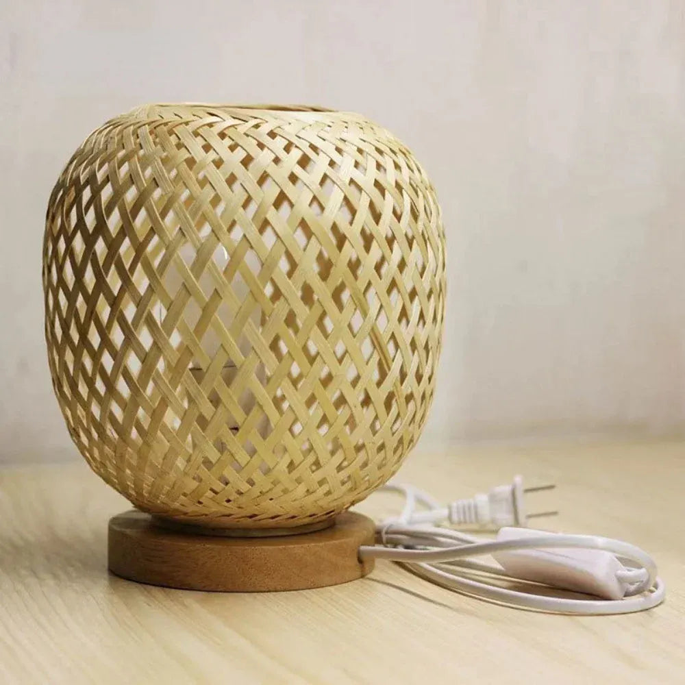 Lampe de Chevet Bambou Tressé Artisanal Base Bois 22CM-Without Bulb / EU Plug