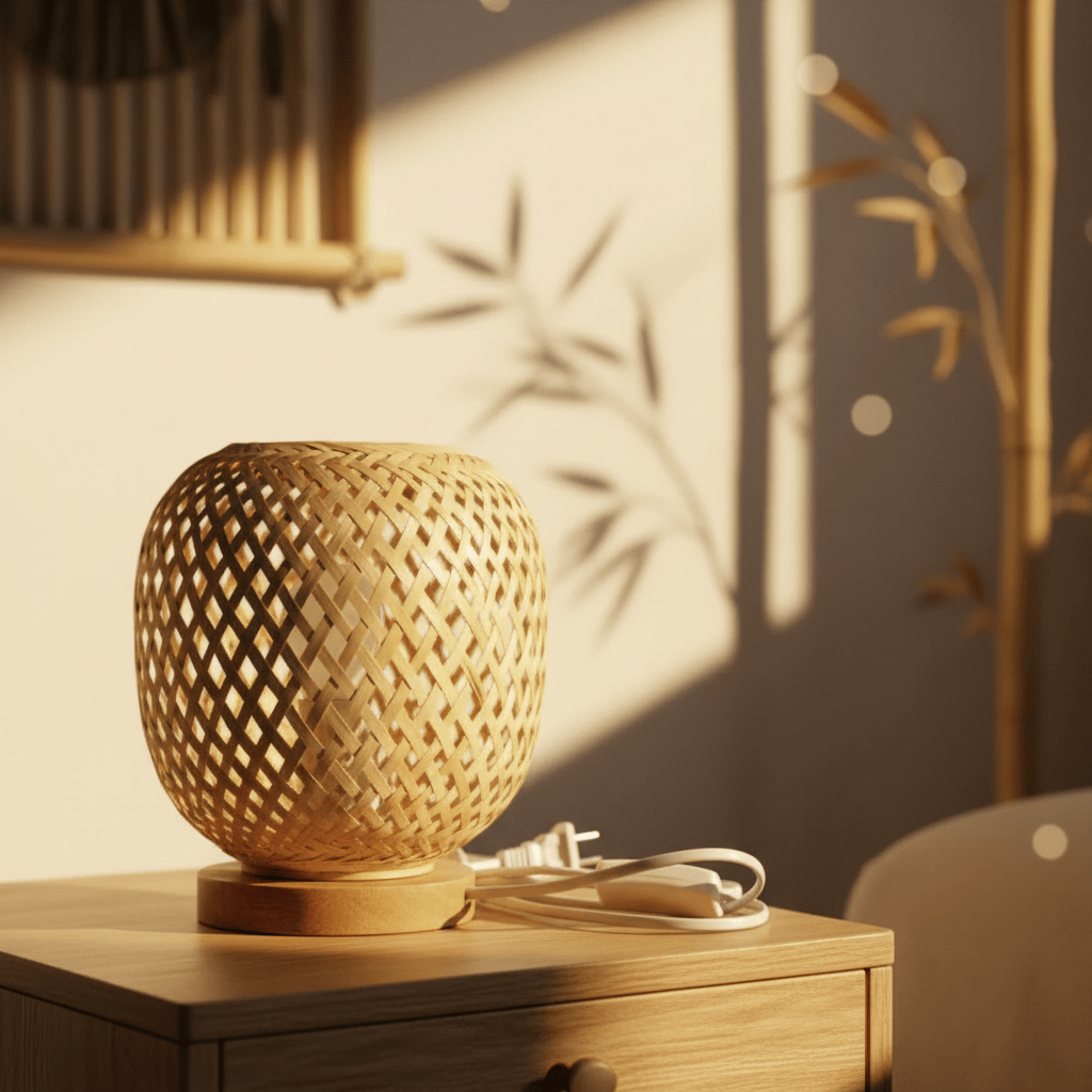Lampe de Chevet Bambou Tressé Artisanal Base Bois 22CM-Without Bulb / EU Plug