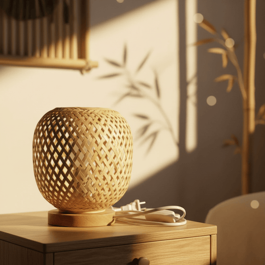 Lampe de Chevet Bambou Tressé Artisanal Base Bois 22CM-Without Bulb / EU Plug