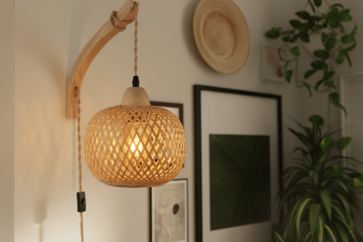 Lampe de Chevet Lanterne Bambou Rotin Tresse Main E27
