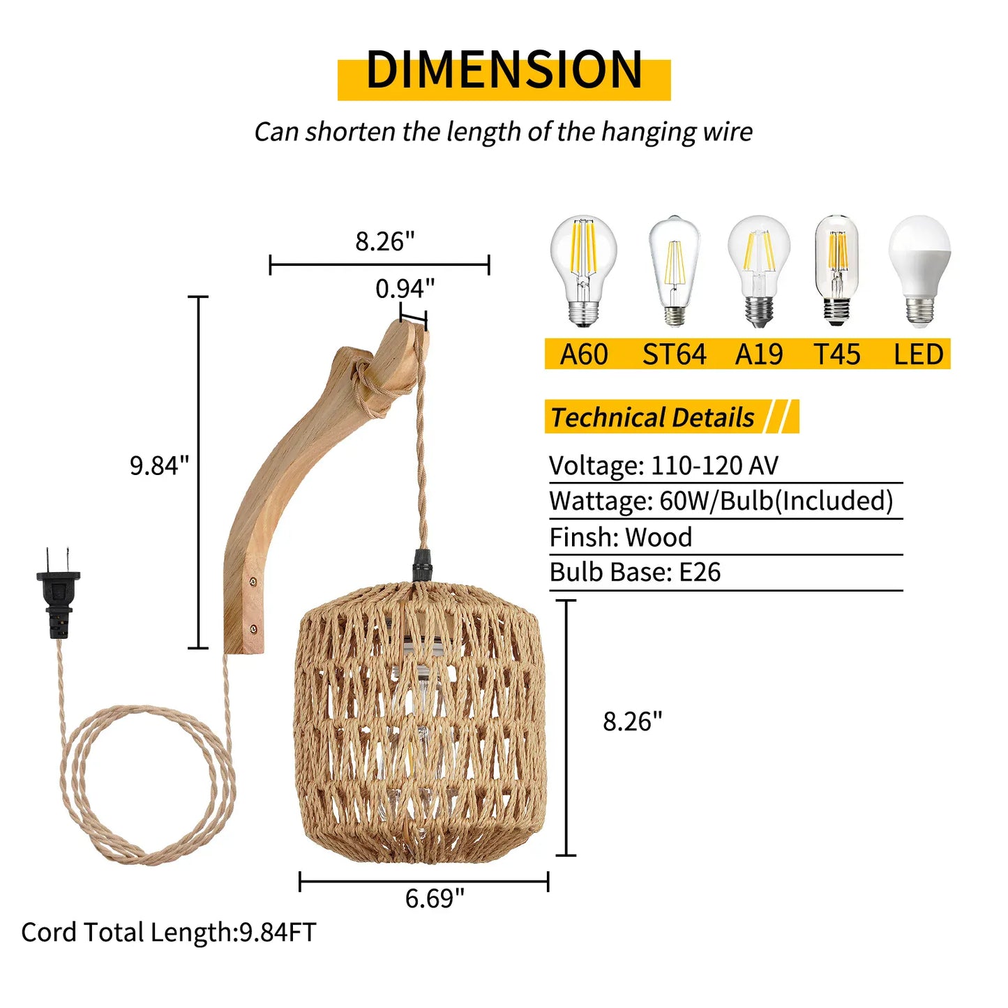 Lampe de Chevet Lanterne Bambou Rotin Tresse Main E27 Wood - No light -A / EU Plug