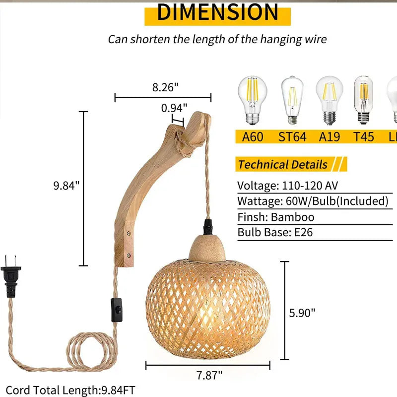 Lampe de Chevet Lanterne Bambou Rotin Tresse Main E27 Wood - No light -B / EU Plug
